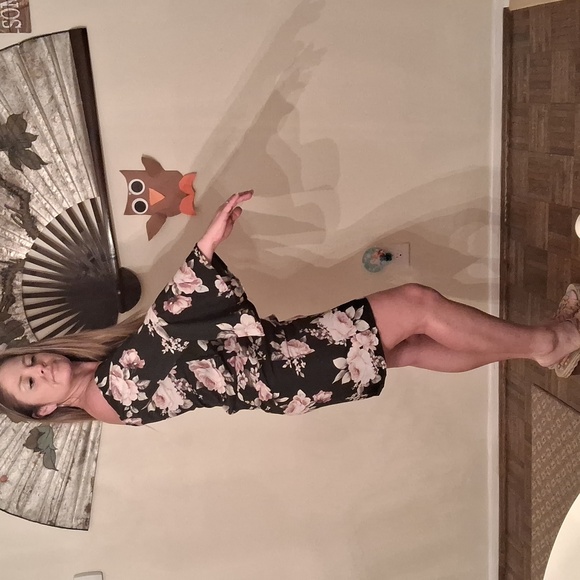 Silky,Sexy,Black with Pink Roses,Off Shoulder,Mini Dress with Long Bell Sleeves - Picture 2 of 11